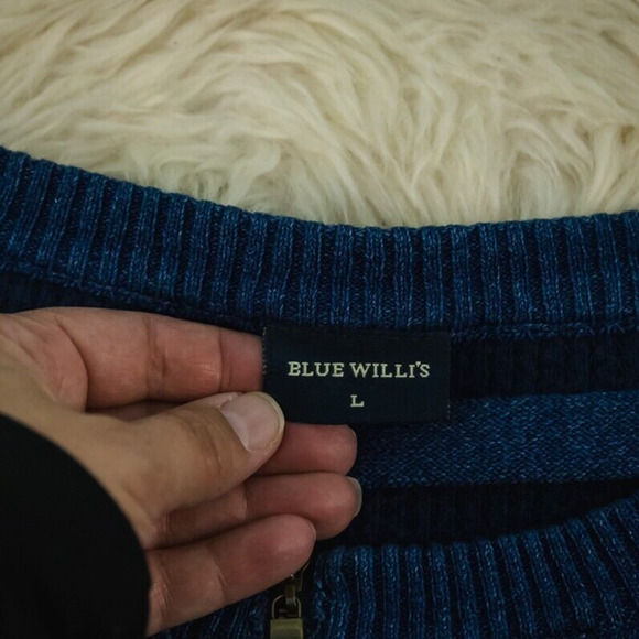 Blue Willi's Size Large L Blue Stripe Perforated Knit Zip Crew Cardigan Sweater - Picture 4 of 8